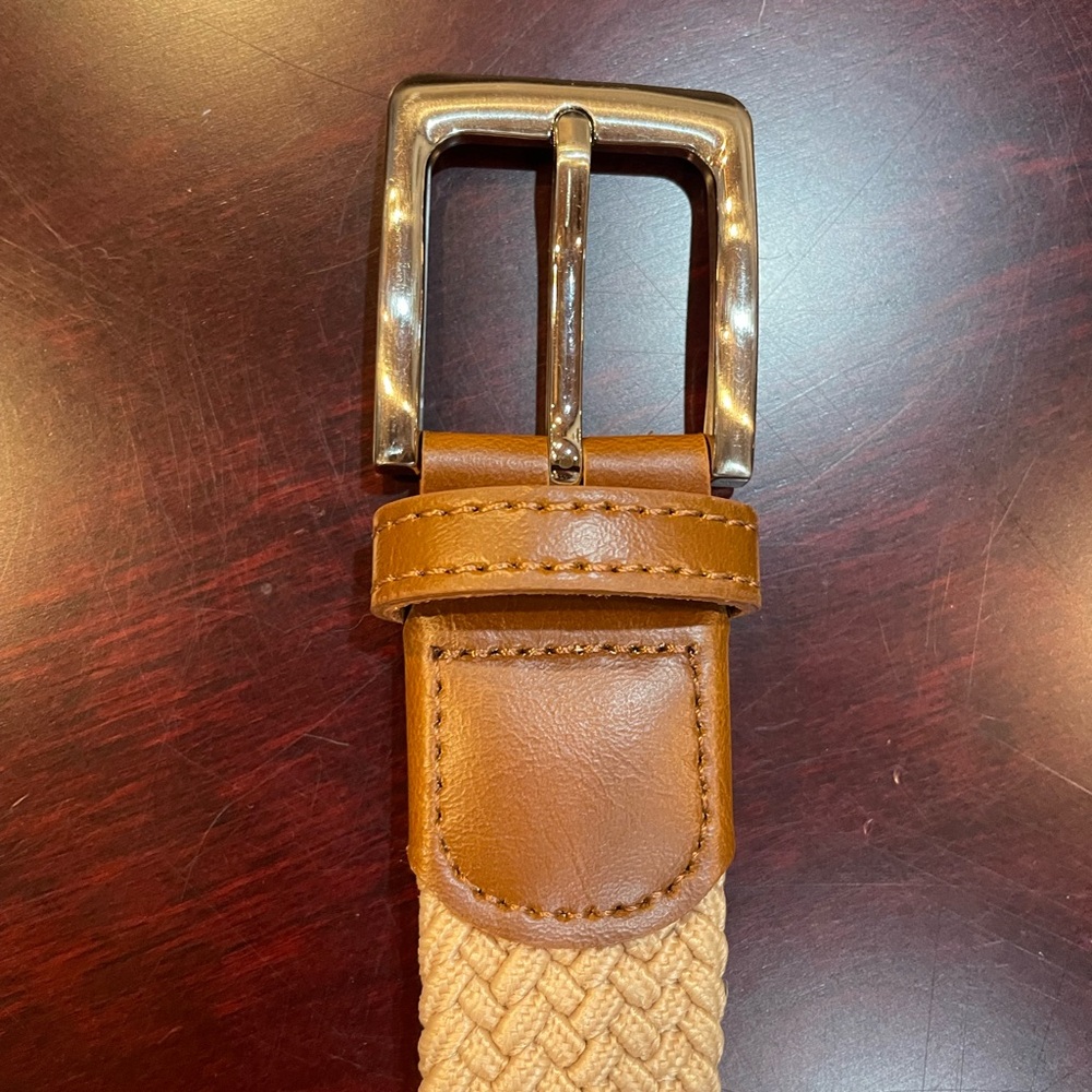 Men’s Tan Braided Stretch Belt with Brown Leather Accent - Picture 2 of 5